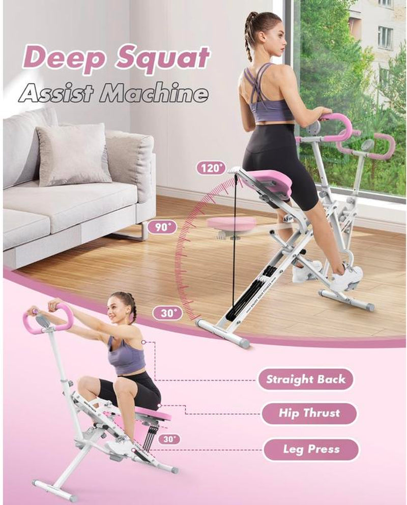 Pink Squat Machine – Adjustable, Foldable Core Exercise Machine with 330Lbs Capacity & 4 Resistance Bands – Multi-Function Home Gym Equipment