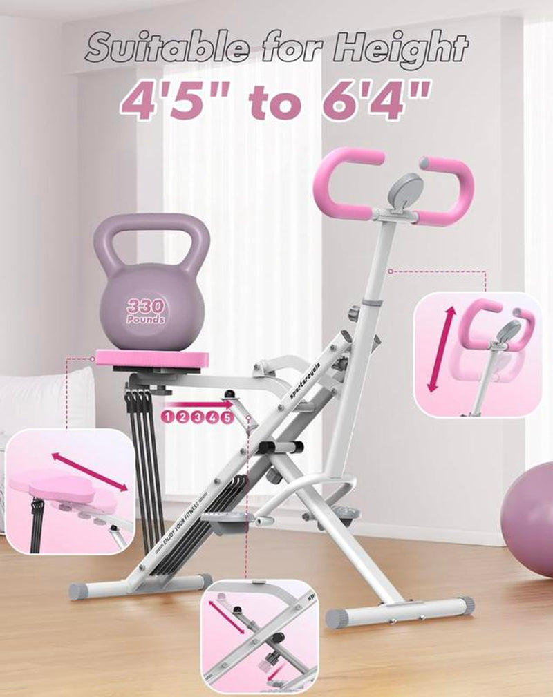 Pink Squat Machine – Adjustable, Foldable Core Exercise Machine with 330Lbs Capacity & 4 Resistance Bands – Multi-Function Home Gym Equipment